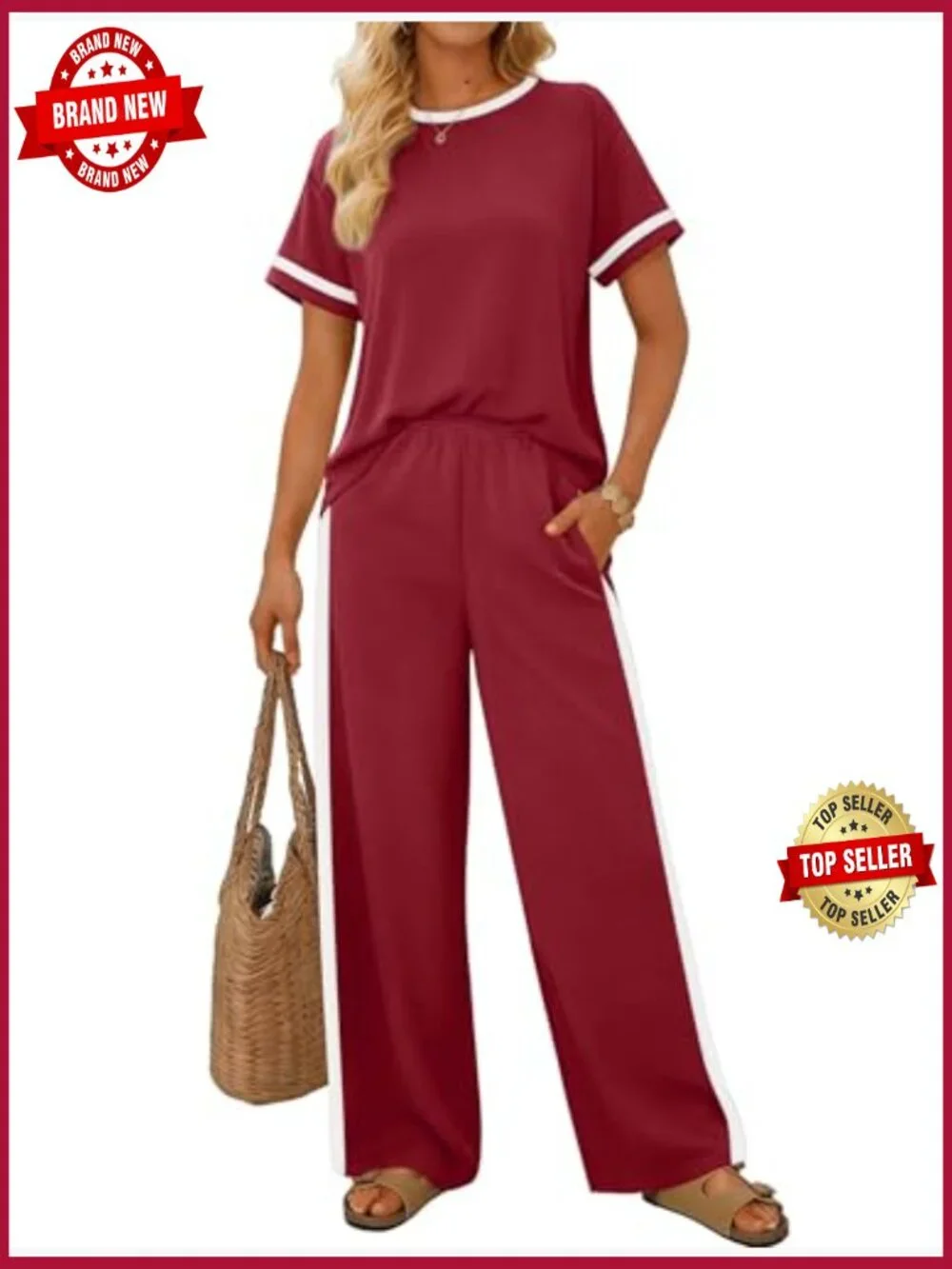 2 Piece Lounge Set Matching Summer Outfits Wide Leg Pants with Pockets